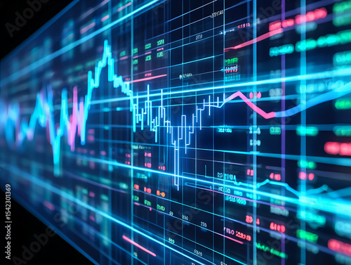 Illuminated stock market chart displaying financial data with blue and pink line graphs on a grid background