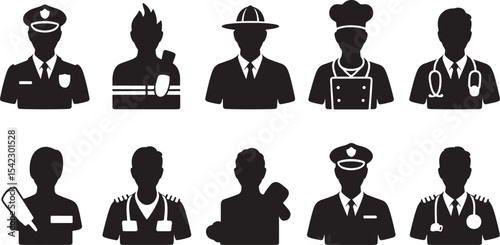 Ten Black Silhouettes of Professionals Diverse Occupations Police Officer Firefighter Park Ranger Chef Doctor