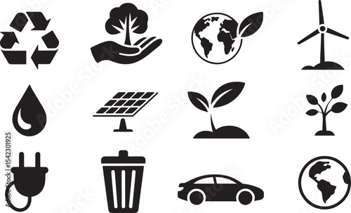 Ten Black Vector Silhouettes Representing Environmental Sustainability Concepts Including Recycling Tree Globe