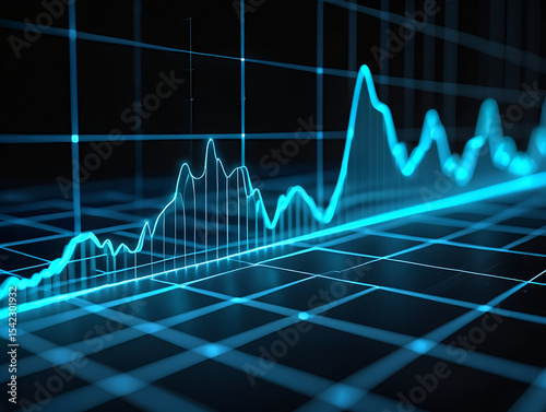 A glowing blue line graph showing fluctuating data on a grid against a dark background illustration