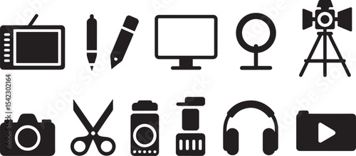 Ten Clean Black Silhouettes of Content Creation Tools Graphics Design Elements Studio Equipment Video