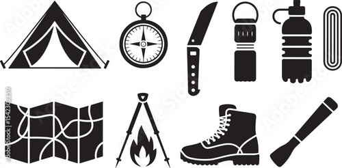 Ten Clean Black Vector Silhouettes Camping Hiking Equipment Icons Set tent compass