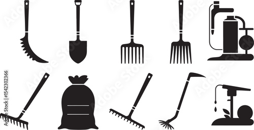 Ten Clean Black Vector Silhouettes of Gardening Tools Including Spade Shovel Rake Hoe Cultivator and Watering Can