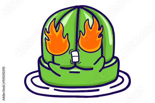 Kawaii Green Jelly On A Plate Mascot Sticker Collection With Burning Spirit with Fiery Eyes expression
