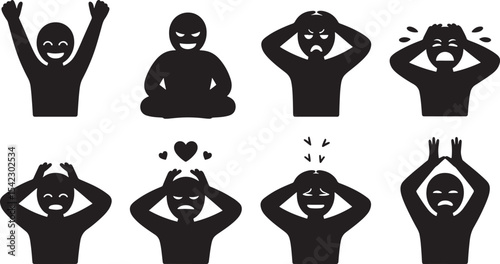 Ten Minimalist Black Silhouettes Depicting Diverse Human Emotions Joy Meditation Anger Distress Sadness Love