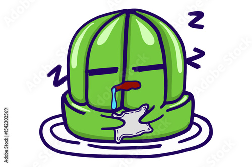 Kawaii Green Jelly On A Plate Mascot Sticker Collection With Sleeping Expression While Hugging Pillow