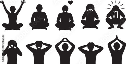 Ten Minimalist Black Silhouettes Depicting Diverse Human Poses and Emotions Including Joy Stress and Meditation