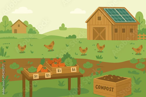Support Local Farmers Eco Shopping with Fresh Vegetables. Sustainable Farm Market Set Flat Vector Elements of Eco Farm, Farmers, Compost, Chickens, and Organic Produce