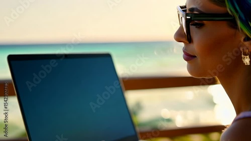 Female freelancer working with laptop while sitting on the beach of the tropical island. Freelancer enjoys the tropical breeze as she works on her laptop, blending work and paradise effortlessly.