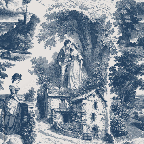 Seamless vector pattern with romantic scenes and European landscapes with castles, forests, hills and valleys. Vintage engraving style illustration.
