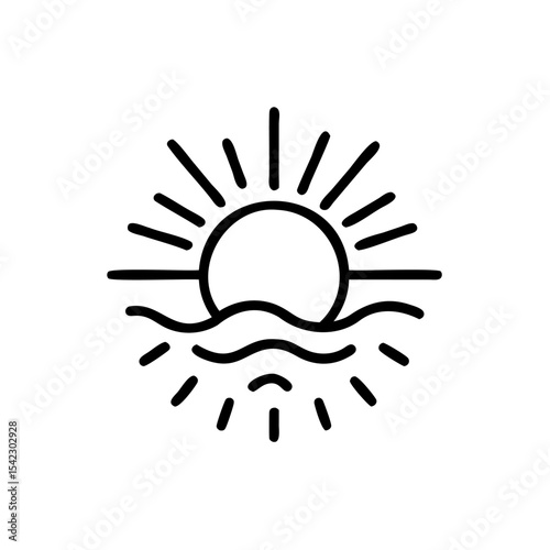 Black Line Art Sun Setting Over Ocean Waves Simple Handmade Holiday Graphic Design Element