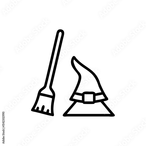 Halloween Holiday Witch Hat and Broomstick Simple Line Art Icon Graphic Design Element