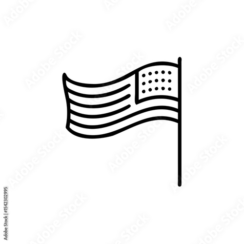 Waving American Flag Icon Black Line Art Handmade Holiday Graphic Design Element