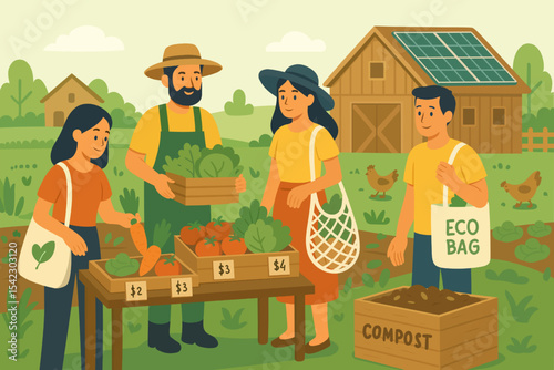 Support Local Farmers Eco Shopping with Fresh Vegetables. Sustainable Farm Market Set Flat Vector Elements of Eco Farm, Farmers, Compost, Chickens, and Organic Produce