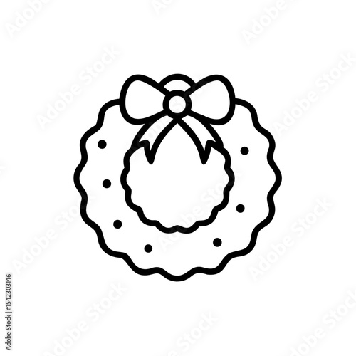 Black Line Drawing Wavy Edge Christmas Wreath Bow Decoration Handmade Holiday Icon
