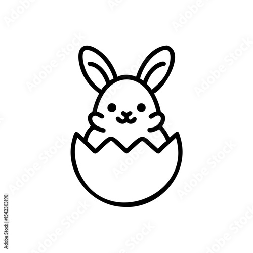 Cute Cartoon Bunny Rabbit Emerging from an Easter Egg Black and White Line Art Illustration Handmade Holiday Design