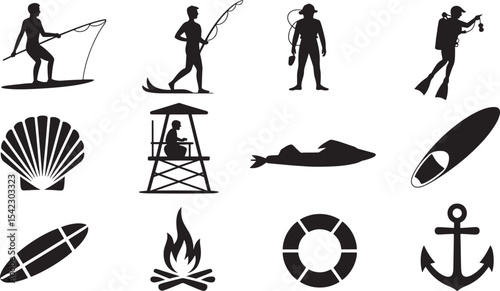 Twelve Black Silhouettes Summer Water Sports Activities Icons Set Seashell Surfboard Lifeguard Anchor