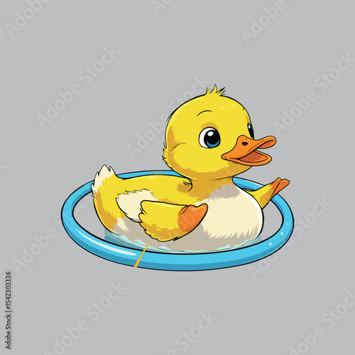 Cute yellow duckling in a blue inflatable ring