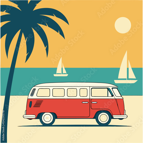 Retro red van sits at the beach under a palm tree and sunny sky