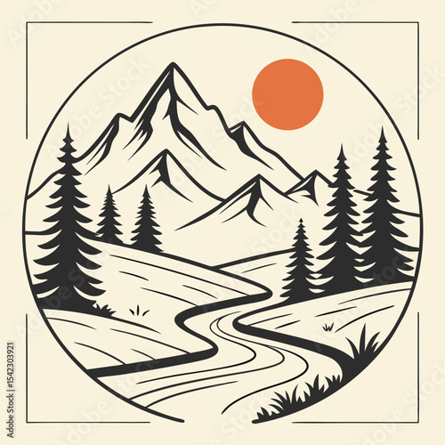 Simple mountain scenery displays winding river, evergreen forest, sun, and outlined design