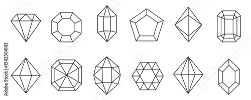 Set of diamond cut thin line icons. Collection of simple outline signs of gemstone. Isolated on white background.