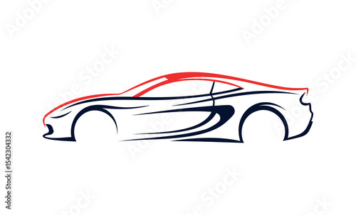 Minimalist vector illustration of a sports car silhouette in red and black lines. Elegant dynamic shape, automotive design concept on white background