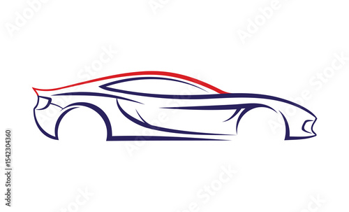 Minimalist vector illustration of a sports car silhouette in red and black lines. Elegant dynamic shape, automotive design concept on white background