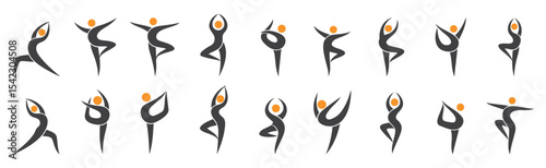 Set of abstract vector icons of dancing or yoga human figures. Minimalist style silhouettes with orange heads and black flowing bodies on white background