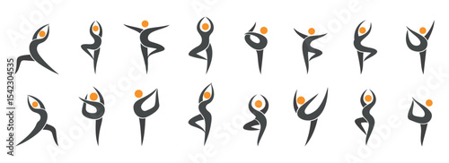 Set of abstract vector icons of dancing or yoga human figures. Minimalist style silhouettes with orange heads and black flowing bodies on white background