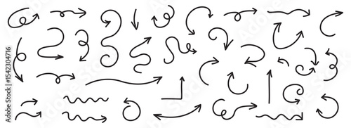 Set of vector hand drawn arrow icons. Set of black arrow icons. Circular arrows, arrow rotation, process repeat symbol
