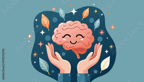 Cute Brain with Hands and Leaves, Mental Health and Emotional Wellness Illustration