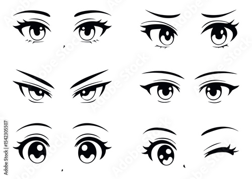 Japanese anime eyes set on isolated background. Black and white manga character, animation art style set