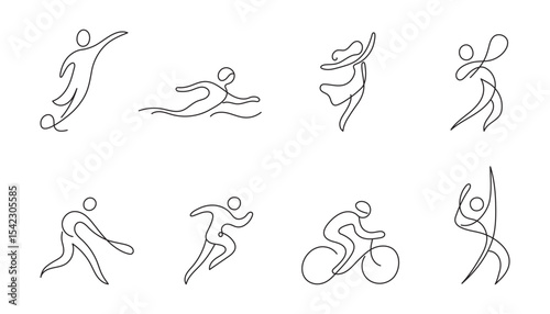 Set of one line drawings of people doing sports and dance. Minimalist continuous line style showing motion: running, swimming, cycling, jumping, dancing