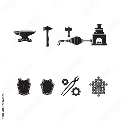 vector icons set of R P G Game Assets Anvil Hammer Forge Shields Gears Chain illustrations