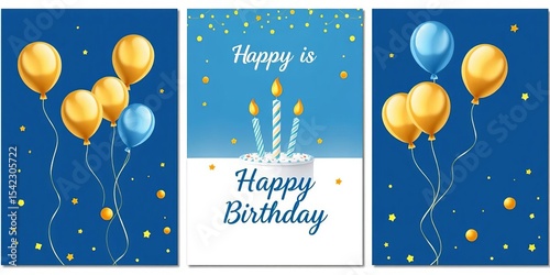 Elegant blue & gold birthday cards set  Vector illustrations feature birthday cake & balloons,  balloons,  celebration