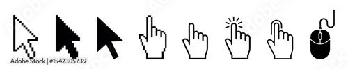 Mouse cursor set. Arrows web cursors, digital hand pointers. Arrow cursor pixel digital, web pointing and hourglass illustration