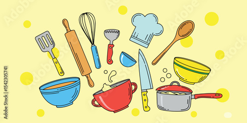 Baking and cooking utensils flat lay vector illustration on light yellow background