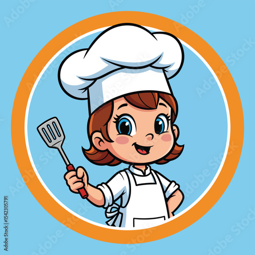 Cartoon chef girl holding spatula in round frame against blue background
