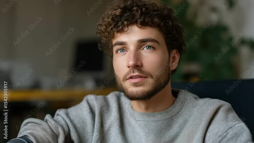Thoughtful young man in casual setting shows expressions of contemplation and curiosity