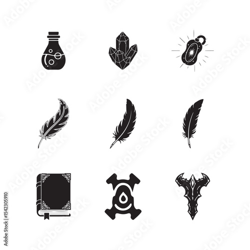 vector silhouette of R P G Game Icons Set Crystals Potions Feathers Book design illustrations