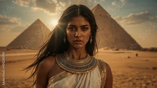 Elegant Egyptian Lady in Traditional Dress by the Pyramids


