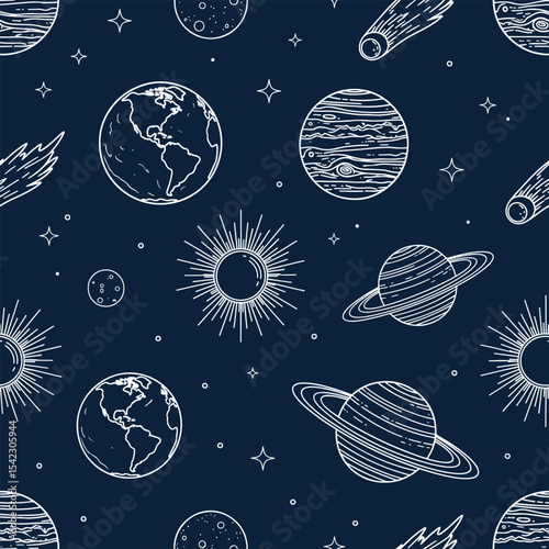 Seamless space pattern with planets stars sun and comets on dark blue background