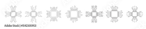 Artificial intelligence processor chip icon. Vector set of AI processor circuits with thin line isolated on white background. Vector illustration.