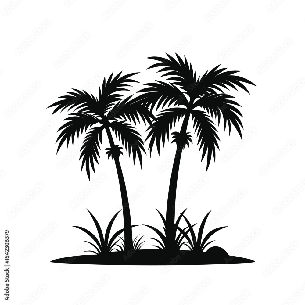 Fototapeta premium Tropical Palm Trees Silhouette with Grass on an Island Beach, Isolated Black Vector Illustration