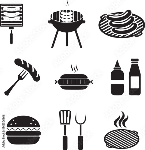 Barbecue grill and cooking icon set in black vector silhouette style for kitchen and restaurant design