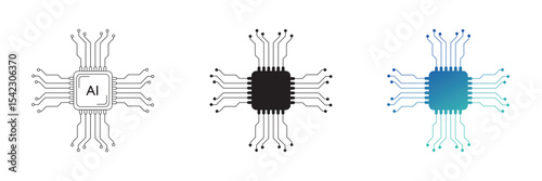 Artificial intelligence processor chip icon. Vector set of artificial intelligence processor circuit diagram isolated on white background. Vector illustration