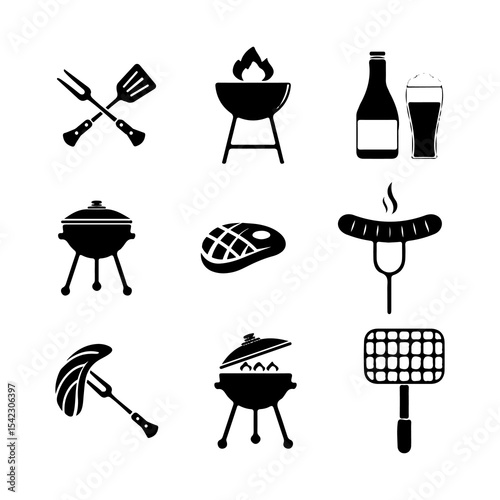 Set of barbecue grill and meat cooking icons in black silhouette style for kitchen and restaurant design