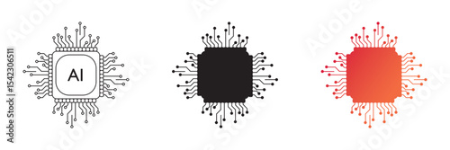 Artificial intelligence processor chip icon. Vector set of artificial intelligence processor circuit diagram isolated on white background. Vector illustration