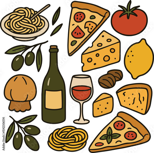 Hand Drawn Italian Food Vector Set – Mediterranean Doodles of Pasta, Pizza, Wine, and Dolce Vita Icons


