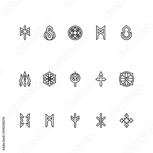 Black and White R P G Game Symbols Set Geometric Line Art vector Icons illustrations